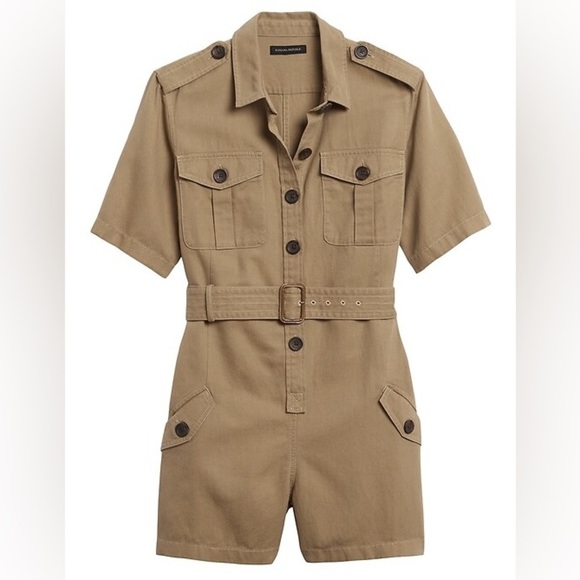 BR Limited Edition Khaki Utility Safari Romper Cotton Linen Jumpsuit, Size 12 - Picture 3 of 15